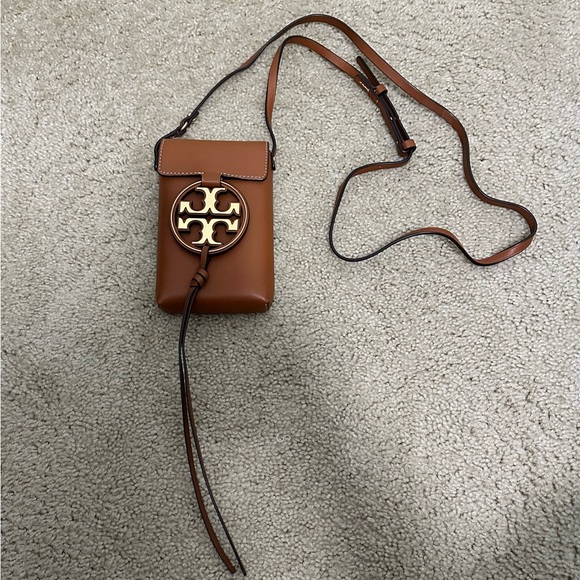 Tory Burch Miller Metal Phone Crossbody Purse Bag in Aged Camello Leather‎ EUC